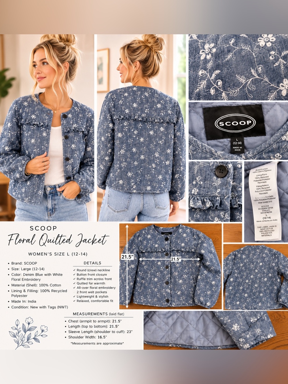 NWT-Scoop Women's Floral Quilted Jacket - Denim Blue